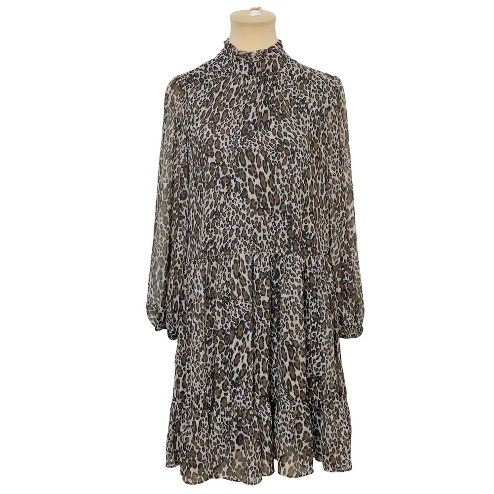 Maison Tara Women Leopard Print Mock Neck Mini Tiered Dress Size 4 Boho Safari